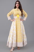 جلابيه بتصميم كلوش ونقوش اسلاميه لون اصفر