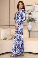 فستان طويل درابيه مزين بكريستال لون ازرق