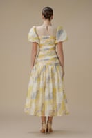 فستان ميدي أصفر أورجانزا بأكمام منفوخة