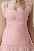 فستان وردي ميدي بشيفون وكسرات