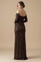 فستان طويل لون بني ترتر بقصة أنيقة