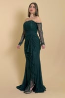 فستان دانتيل طويل اوف شولدر لون أخضر