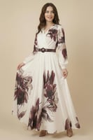 فستان عنابي ساتان باكمام طويلة