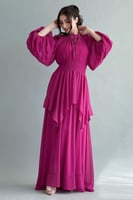 فستان زم كلوش بياقه عاليه لون فوشي