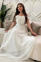 فستان لامع اوف شولدر طويل لون سكري