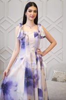 فستان بطبة أزهار بأكتاف فيونكة لون بنفسجي