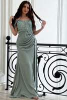 فستان سهره بكروسيه مطرز لون زيتي