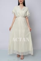 فستان ماكسي مزين بهدب لؤلؤ لون بيج