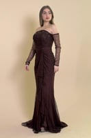 فستان دانتيل طويل اوف شولدر لون بني