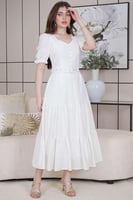 فستان ميدي بياقة مربعة لون ابيض