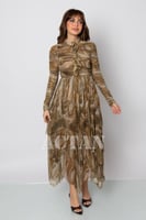 فستان شيفون غير متماثل الطول بكشكش لون كاكي
