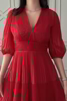 فستان ميدي بليسيه كلوش لون احمر