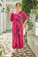 فستان ميدي باكمام بف مموج اللون