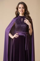 فستان موف سهرة مخملي بأكمام كيب