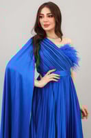 فستان بلاسيه بكتف واحد وكم كايب لون نيلي