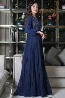 فستان سهره طويل بليسيه مزين بالفصوص لون كحلي