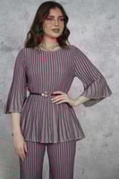 طقم بلوزة وبنطلون بليسيه بحزام عالخصر