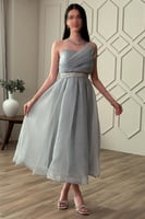 فستان كلوش بحزام لامع لون تيفاني