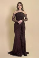 فستان دانتيل طويل اوف شولدر لون بني