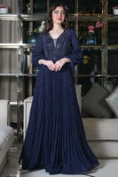 فستان سهره طويل بليسيه مزين بالفصوص لون كحلي