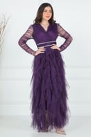 فستان سهره بطبقات كشكش مطرز الخصر لون بنفسجي