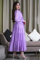 فستان ميدي شيفون بياقة عالية برباط لون موف فاتح