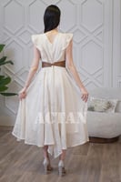 فستان ميدي بحزام جلد لون بيج فاتح