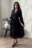 فستان سهرة شيفون بقصة بليسيه ميدي لون اسود