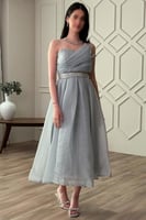 فستان كلوش بحزام لامع لون تيفاني