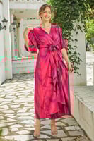 فستان ميدي باكمام بف مموج اللون