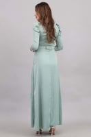 فستان بتصميم مقسم بلاسيه بكريستال عالياقه لون تيفا...