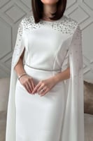 فستان ميدي بأكمام شيفون كيب لون ابيض