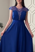 فستان سهره مطرز الاكتاف لون ازرق