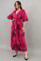 فستان ميدي باكمام بف مموج اللون