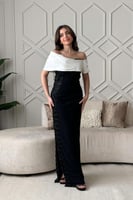 فستان سهرة ماكسي اوف شولدر مزين بالخرز لون ابيض