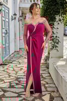 فستان ماكسي باكمام تول مزين بشريط كريستال لون فوشي