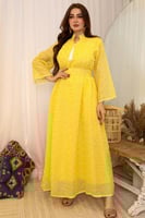 جلابية ماكسي بكم طويل وحزام لون اصفر