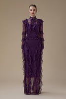 فستان بنفسجي طويل دانتيل بتفاصيل كشكش