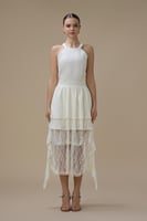 فستان سكري دانتيل ميدي بحمالات رقبة عالية وتنورة م...