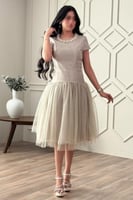 فستان ميدي بياقة مزينة بلؤلؤ لون رصاصي