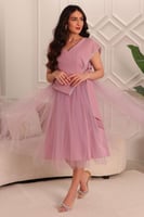 فستان ميدي تول بربطة من الجانب مزين بالكريستال لون...