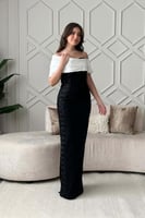 فستان سهرة ماكسي اوف شولدر مزين بالخرز لون ابيض