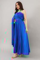 فستان بلاسيه بكتف واحد وكم كايب لون نيلي