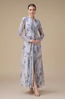 فستان رصاصي طويل بأكمام طويلة بطبعة زهور