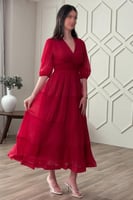 فستان ميدي بليسيه كلوش لون احمر