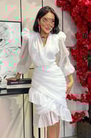 فستان قصير درابيه لامع لون سكري