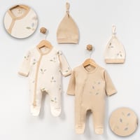 طقم اوفراول للأولاد 4 قطع بألوان سكري وبيج برسومات...