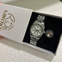 ساعة وخاتم شبيهة رولكس فضي