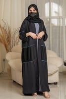 عباية سوداء مزينة بقماش مكسر محدد بكريستال نيلي