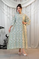 جلابية فيروزي رمضانية بتطريز ورود بيضاء انيقة